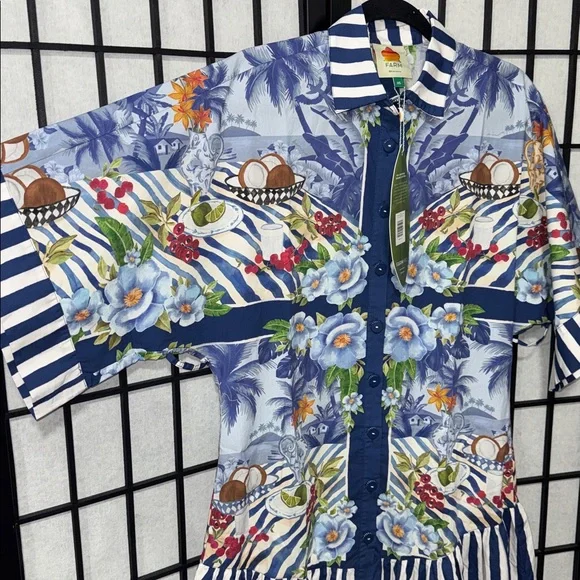 Farm Rio size XS Fresh Table Scarf Midi Dress Blue NWT No Belt - Picture 7 of 12